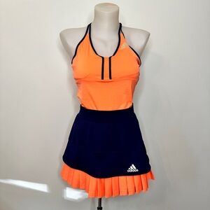 Adidas Tennis Set Tank Top Sz S + Skort Sz M Blue Orange Climacool Ruffle Skirt